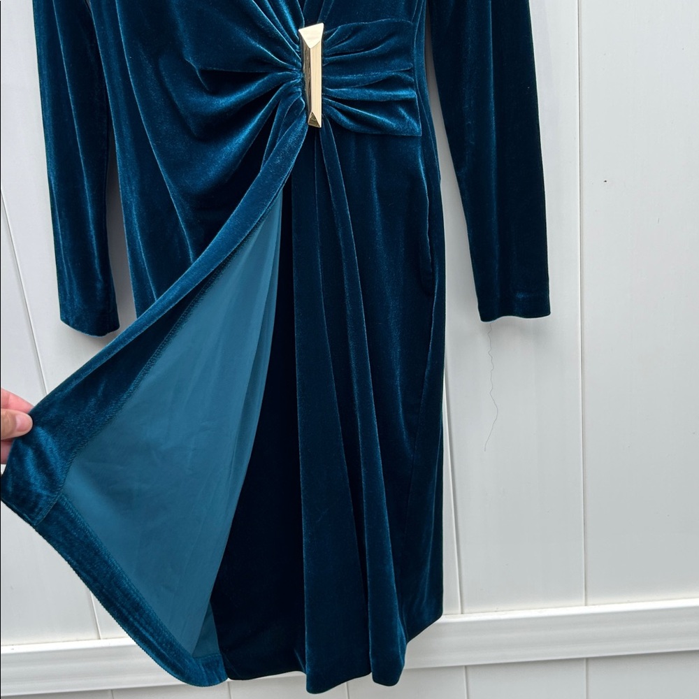 Calvin Klein Velvet V-Neck Dress Gold V-Bar Side Ruching Aquamarine Blue | Sz 8 - Picture 8 of 14